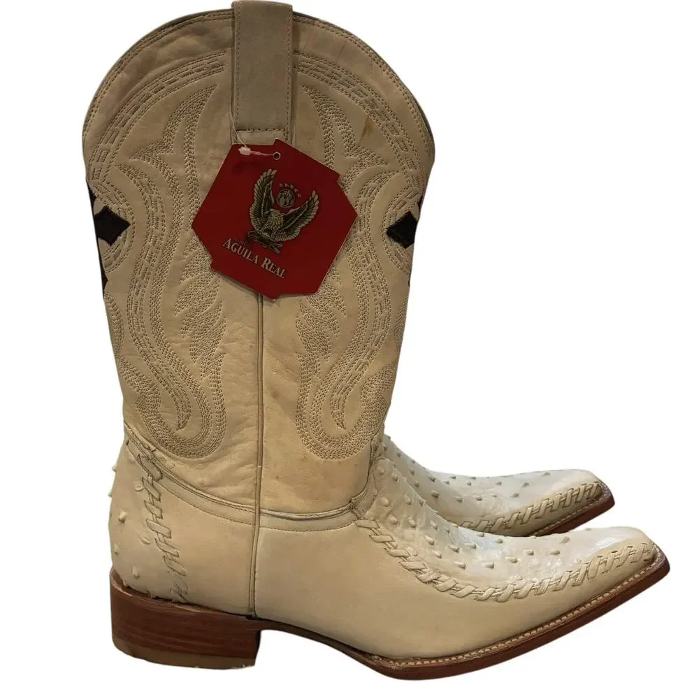 Vintage Aguila Real Ostrich Leather Cowboy Boots US 10 Exotic Pointed Toe Cream